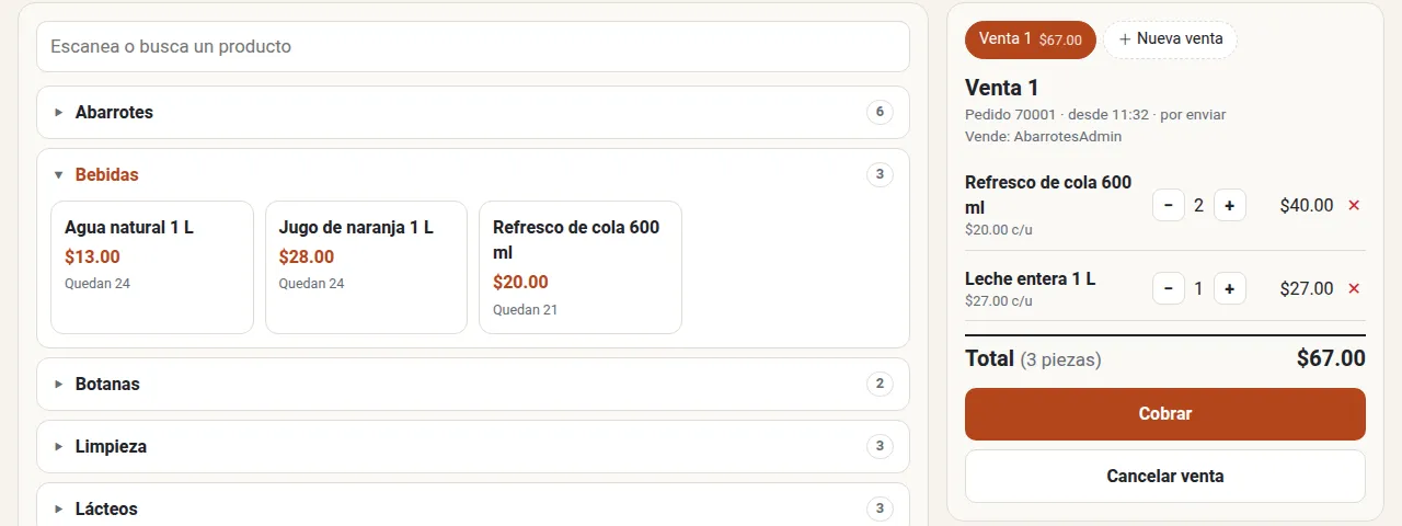 Punto de venta de una tienda: productos por categoría con existencias y una venta de 67 pesos.